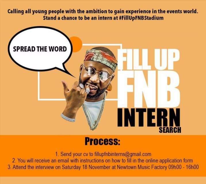 hecticnine9's tweet photo. @CassperNyovest will not only be filling up the #FNBStadium,but will be giving one lucky young person the oppurtunity to fill up their knowledge on events as an #FillUpFNBStadium intern!🌐🎤🌍

Are YOU @CassperNyovest #UBBAFan? Well be apart of history AND make YOUR mark @SABC_2 https://t.co/mYaAIp3yXI