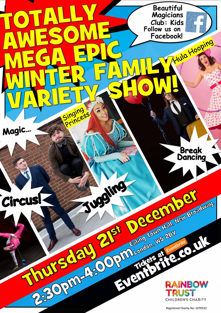 Tickets are now available for the Totally Awesome Mega Epic Winter Family Variety Show! featuring us on Dec 21st in aid of <a href="/RainbowTrustCC/">Rainbow Trust Children’s Charity</a> at Ealing Town Hall. Great entertainment, great cause and a great venue - what more could you want? tinyurl.com/y9sjol9p