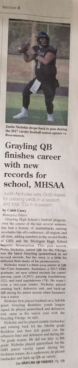 Michelle1321526's tweet photo. This weeks local paper!!  Caleb Casey you have gone far and beyond, We appreciate you! Justin, Athlete of the MONTH again, and an epic write up/ interview wrapping up the season!!  YOUR HOME TOWN GRAYLING VIKING LADIES AND GENTLEMEN! #ccuu. #the_dzone. #svsufb https://t.co/dILEbVSHYs