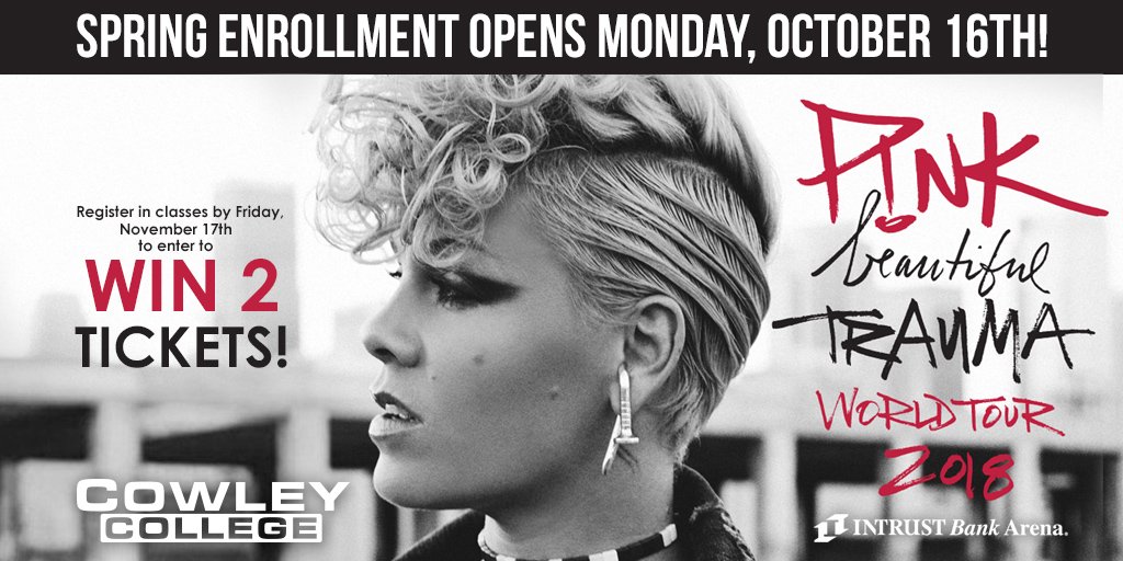CowleyCollege's tweet photo. Two more days to enroll in order to enter to win P!NK tickets! Contact your Advisor or Admissions soon. #enrollSpring #RockOut
admission@cowley.edu
620.441.6335 https://t.co/qINVSH1tYW