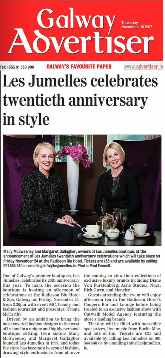 Read about our 20th Annniversey event next week at <a href="/RadissonGalway/">James Evans</a> with <a href="/triona_ie/">Tri💋na McCarthy</a> in <a href="/galwayad/">Galway Advertiser</a> today. #galwayfashion #galway  #fashion #style
