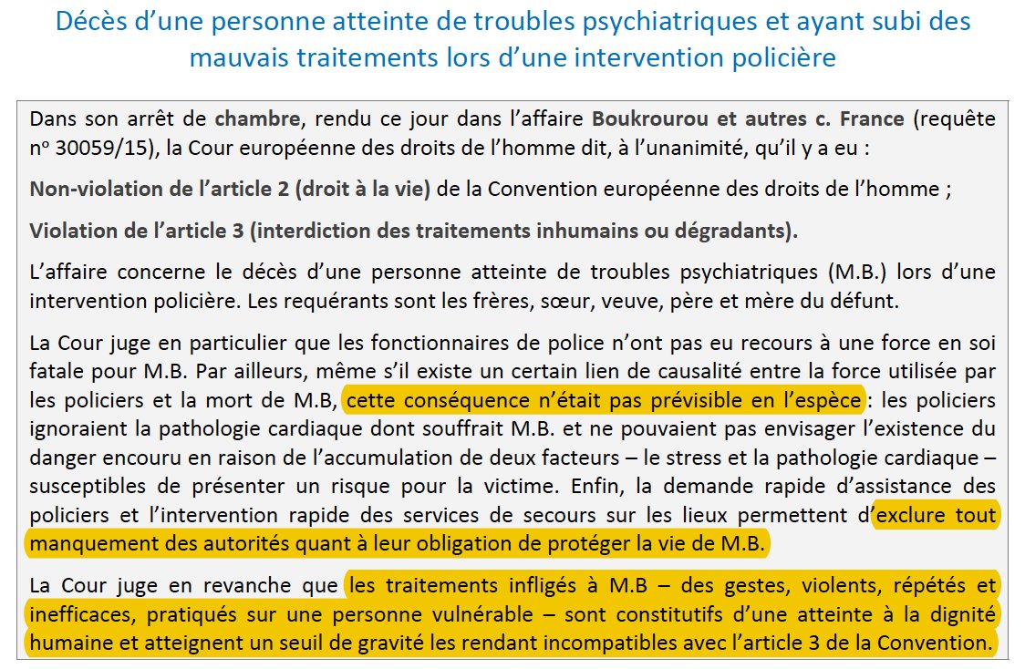 Violences policières : La #France est condamnée par la #CEDH au titre des violences infligées (Art. 3) mais pas pour le décès de la victime (Art. 2) bit.ly/2ilkaEQ