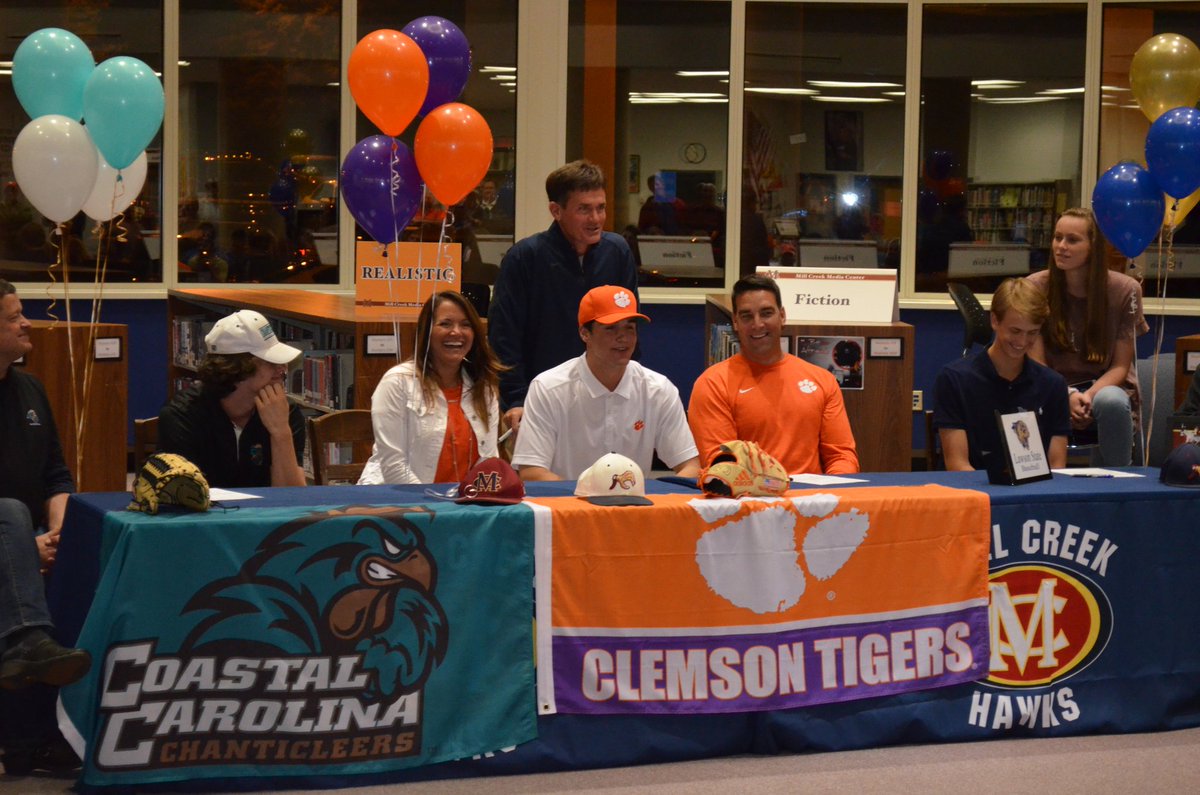 MillCreekHawk's tweet photo. Congratulations  to the following baseball players for signing: Davis Sharpe to Clemson, Alaska Abbey to Coastal Carolina and Justin Parish to Lawson State. HAWKS https://t.co/FA593HRrbJ