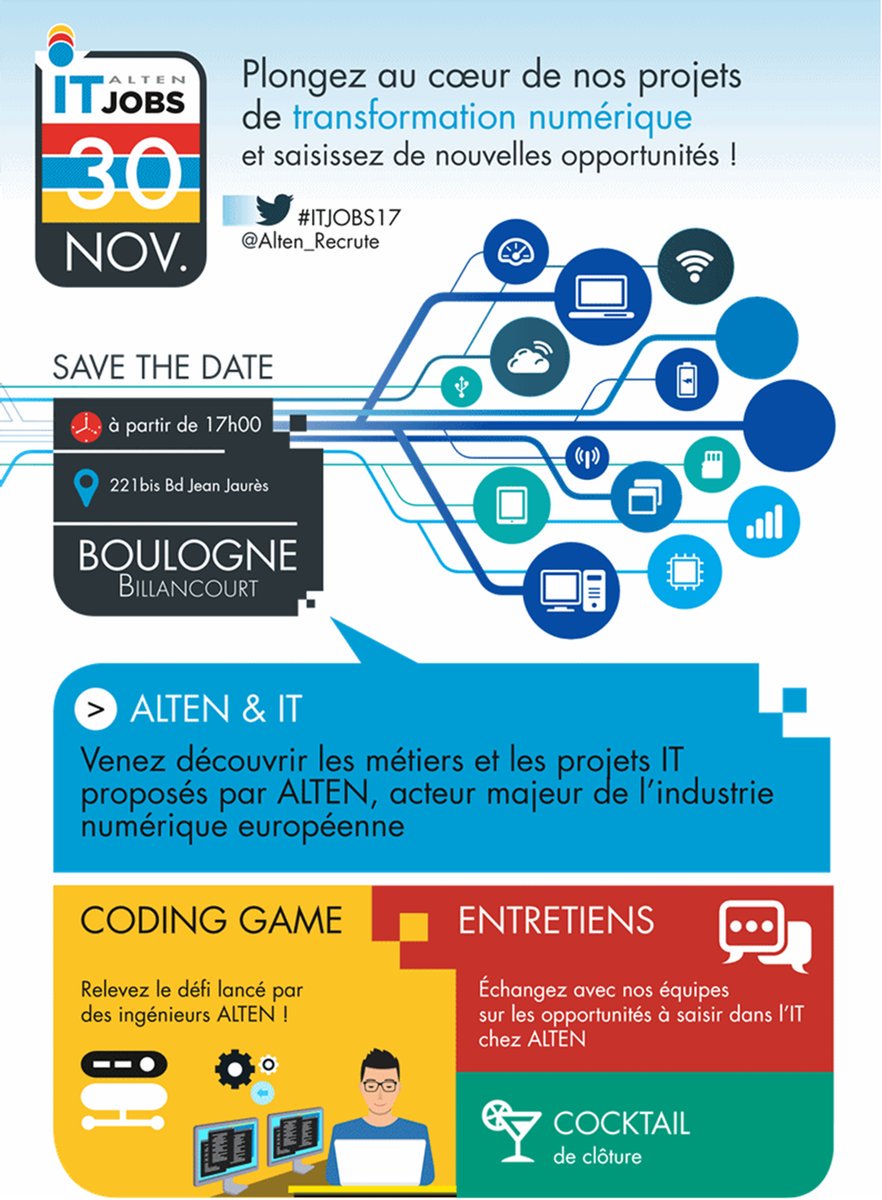 Jess_sautereau's tweet photo. 📢 Save the date : #ITJOBS17 : 30/11/2017 @Alten_france #BoulogneBillancourt . Venez découvrir nos projets en IT, pour plus d'informations n'hésitez pas à nous contacter : sirtcv@alten.fr 📭#Projets #Numérique #ChallengeDev https://t.co/KswRnq0iw2