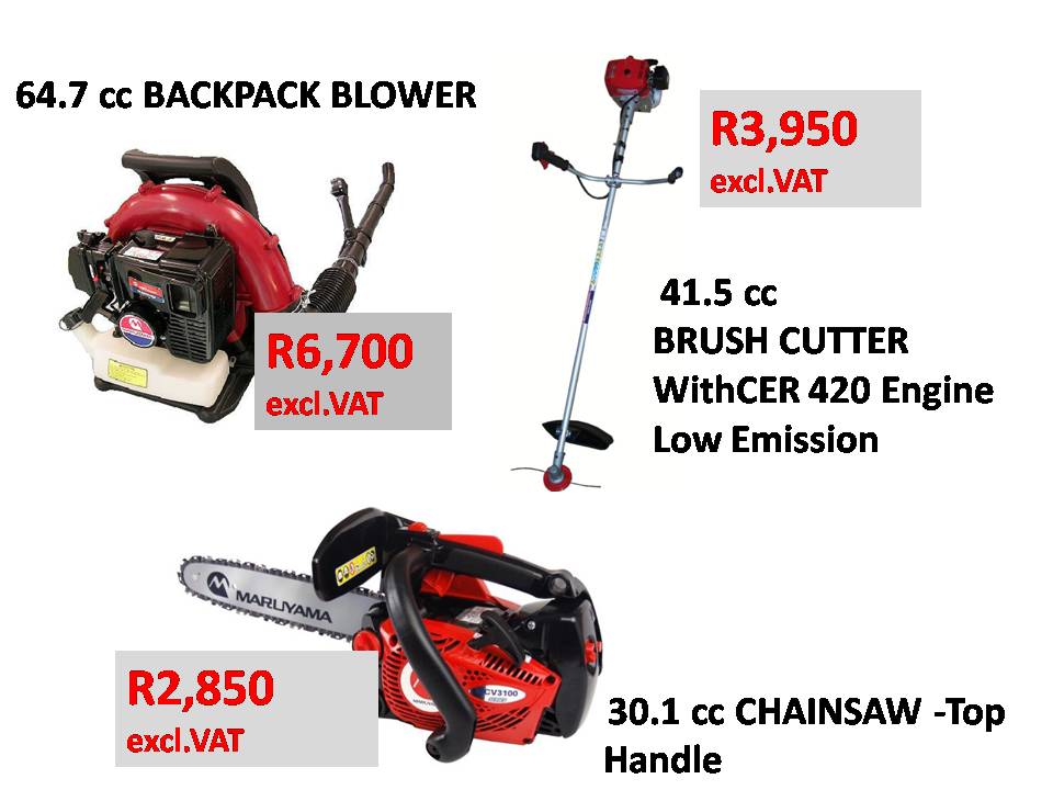 NigelTurfmaster's tweet image. BLACK FRIDAY SPECIAL:Maruyama products.
PRODUCTS INFO:
64.7cc Backpack Blower.31.1cc 
Chainsaw-Top Handle.41.5cc 
Brush Cutter,with CER 420 engine Low emission. 1.57 kW / 7500 rpm2.45 Nm / 5000 rpm1 LiterFuel TankREVERSE START.
Prices included on Picture

CONTACT US:011 730 3400