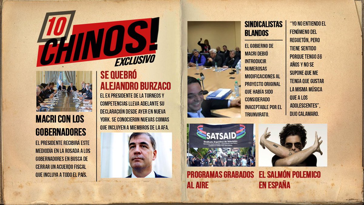 Vorterix's tweet photo. La #TapaChina 🇨🇳 con la actividad del gobierno, que busca arreglar con gobernadores y sindicalistas y el paro del @SATSAIDnacional por las paritarias. Además, tenemos el #Burzacogate y a Calamaro que defendió al rock desde España. https://t.co/H759WYaNfI