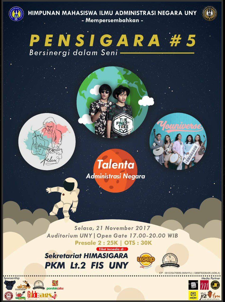 PaiminJK's tweet photo. PENSIGARA #5 "Bersinergi Dalam Seni"
W/ @theFinestTree @felixirwans Youniverse etc
(21/11/17) @ Auditorium UNY
HTM: 25K-30K
More info: @himasigara https://t.co/8Jlvv8bBj7