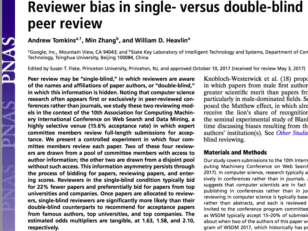 ValerioCapraro's tweet image. EXTREMELY IMPORTANT: Single-blind reviewers are significantly more likely than their double-blind counterparts to recommend for acceptance papers from famous authors, top universities, and top companies. pnas.org/content/early/…