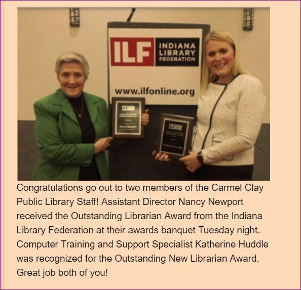 We're very proud of our co-workers who were recognized at this years Indiana Library Federation conference! Congratulations Katherine and Nancy!