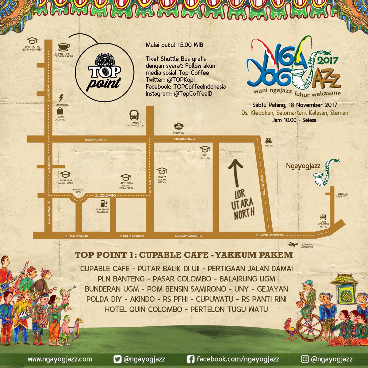 ngayogjazz's tweet photo. Trayek #shuttlejazz yang pertama dimulai dari #TOPpoint1 di Cupable Cafe/Yakkum Pakem. Rutenya cek di image ya honn.. https://t.co/b8WyvRQ7mb