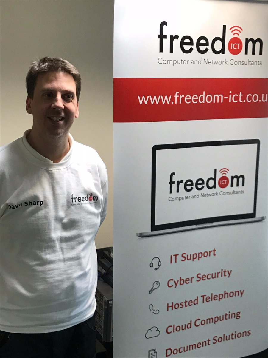 freedomICT's tweet photo. Thanks to Beki @infoscribbles for designing and delivering our new banner.  Here is our senior IT engineer modelling our new Freedom ICT clothing range..))
@networx4biz  #ICTsupport #MerseysideIT #notjustscscribbles #NetworkSecurity https://t.co/Wy2TKNmVQS
