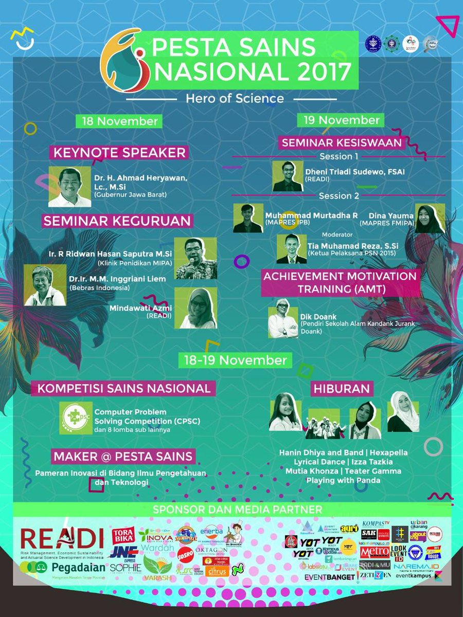 CPSC_IPB's tweet photo. [H-2 CPSC PSN 2017]

Halo Saintis Muda!

Tinggal DUA HARI LAGI menuju Pesta Sains Nasional 2017 dengan mengundang siswa/i SMA se-Indonesia untuk berkompetisi dalam CPSC pada 18-19 November.
Nikmati pula meriahnya PSN dengan para tokoh inspiratif dan berbagai bintang tamu keren. https://t.co/7Eahmktz1C