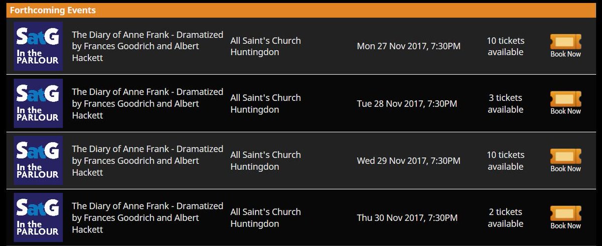 SATG_Huntingdon's tweet photo. Just 25 tickets left now. All singles, but quite a few are one in front of another. Grab them while they're hot. https://t.co/6f5jMgUwtn #diary75 #parlour #theatre https://t.co/KoLr1pNmJB