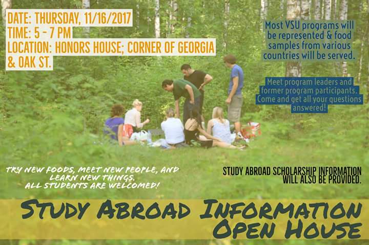 VStateHumServ's tweet image. Come get snacks and learn about study abroad! 5-7 at the honors house. #ValdostaState #StudyAbroad @valdostastate