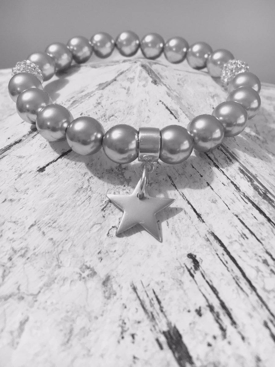 wishingwellco's tweet photo. NEW Swarovski crystal pearl bracelet with a handmade silver star charm!! #handmade #harrogate #greypearls #silverstar stocking fillers https://t.co/qO3FvJuS2a