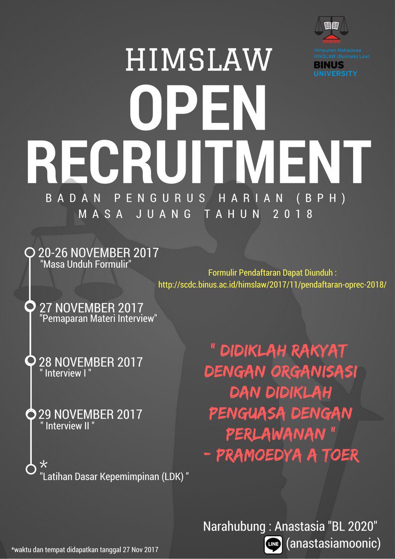 Jadilah bagian dari HIMSLAW dengan cara:
1️⃣Mengunduh formulir ( scdc.binus.ac.id/himslaw/2017/1… )
2️⃣Mengikuti pemaparan materi Interview (27 November 2017)
3️⃣Mengikuti Interview sesuai dengan yang telah dijadwalkan (28-29 November 2017),dgn membawa formulir yg telah diprint&amp;isi