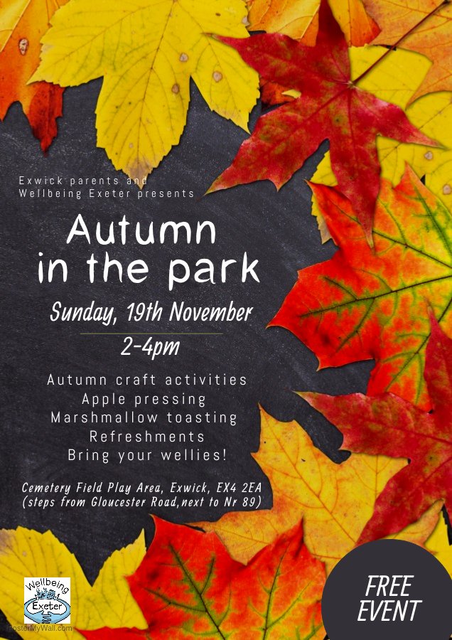 exwickcb's tweet image. Come along to 'Autumn in the Park' this Sunday - kids activities, marshmallow toasting and refreshments. Sunday 19th November 2-4pm at Cemetery Field Play Area, Exwick. FREE EVENT.