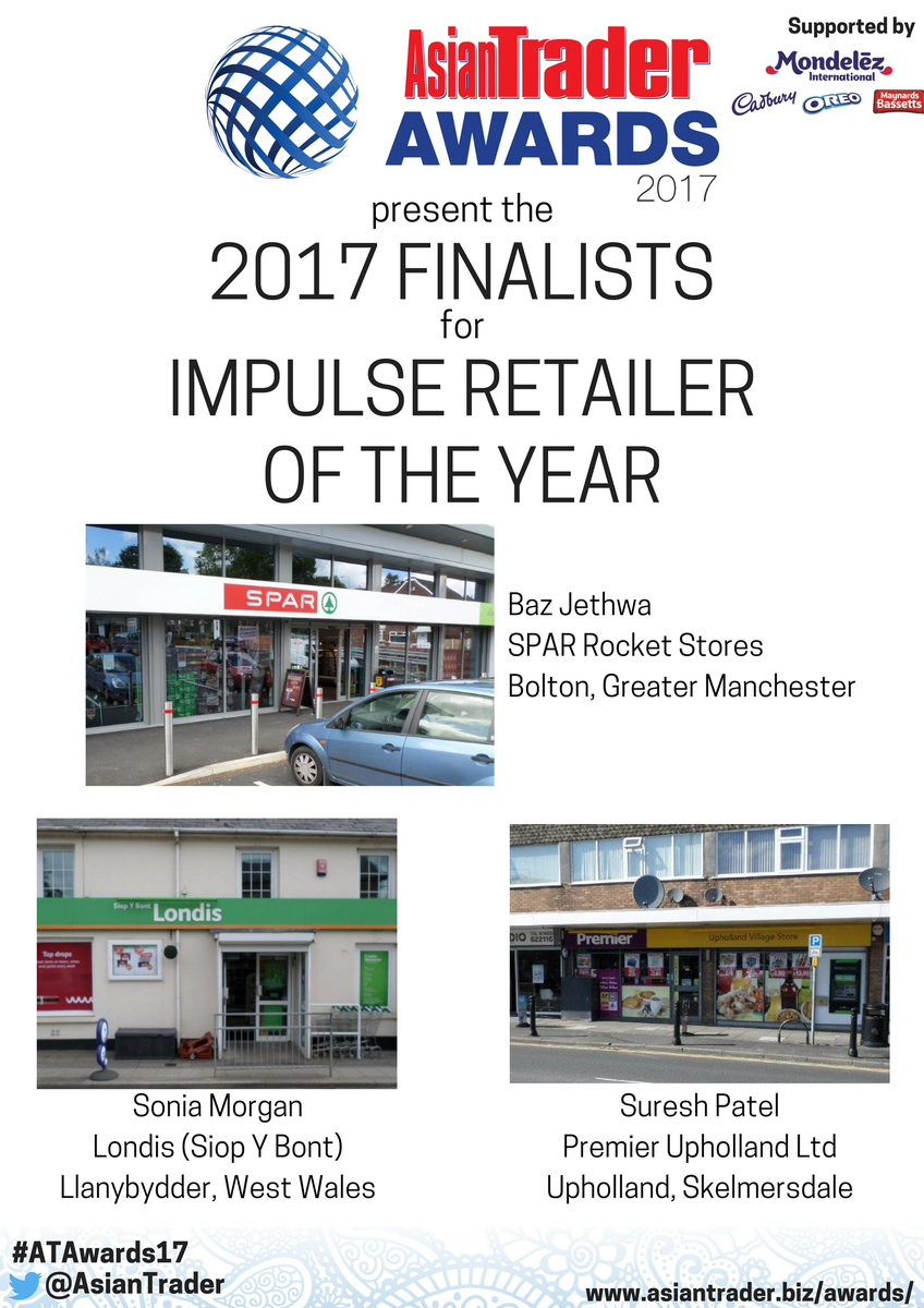 AsianTrader's tweet photo. Congratulations to all the Asian Trader Awards finalists for Impulse #Retailer of the Year 2017, sponsored by Mondelez @MDLZ. #ATAwards17 @SparRocket @myLondis @MyLocalPremier 
5 Days until our 29th Annual Asian Trader Awards take place! https://t.co/Ltzc7e3ZSG