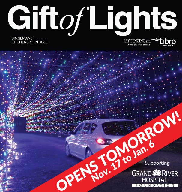 Bingemans's tweet image. #GiftofLightsKW opens tomorrow! We'll be opening daily at 5pm until Jan. 6. More info at bit.ly/2yjyRho