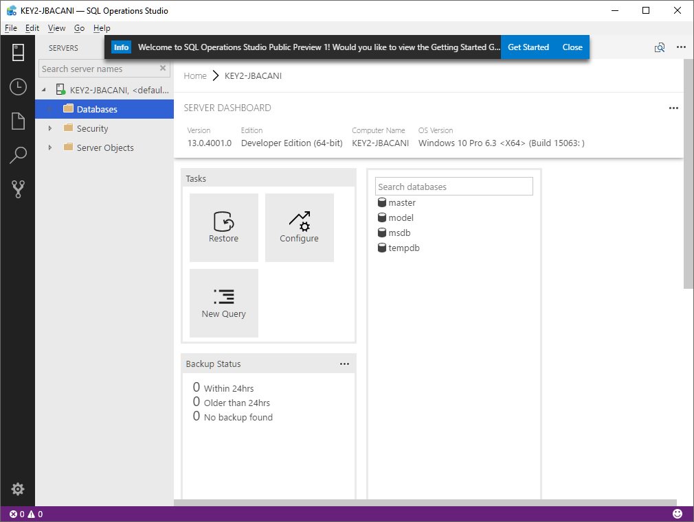 JEBacaniSQLDude's tweet image. It's not much, but just getting started with SQL Operations Studio on my local desktop!
#SQLServer #SQLOpsStudio
#NoDatabasesInstalledButItLooksCoolForNow