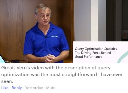 simplegetsdone's tweet photo. Thank you @VernRabe for allowing us to show your talk on Query Optimization Statistics for the https://t.co/ci3hzOtB9F.  I am sharing one comment from an experienced DBA from the group that speaks for many of us. :)  "Great.  ...the most straightforward I have ever seen." https://t.co/Hg7PKrkkQ4