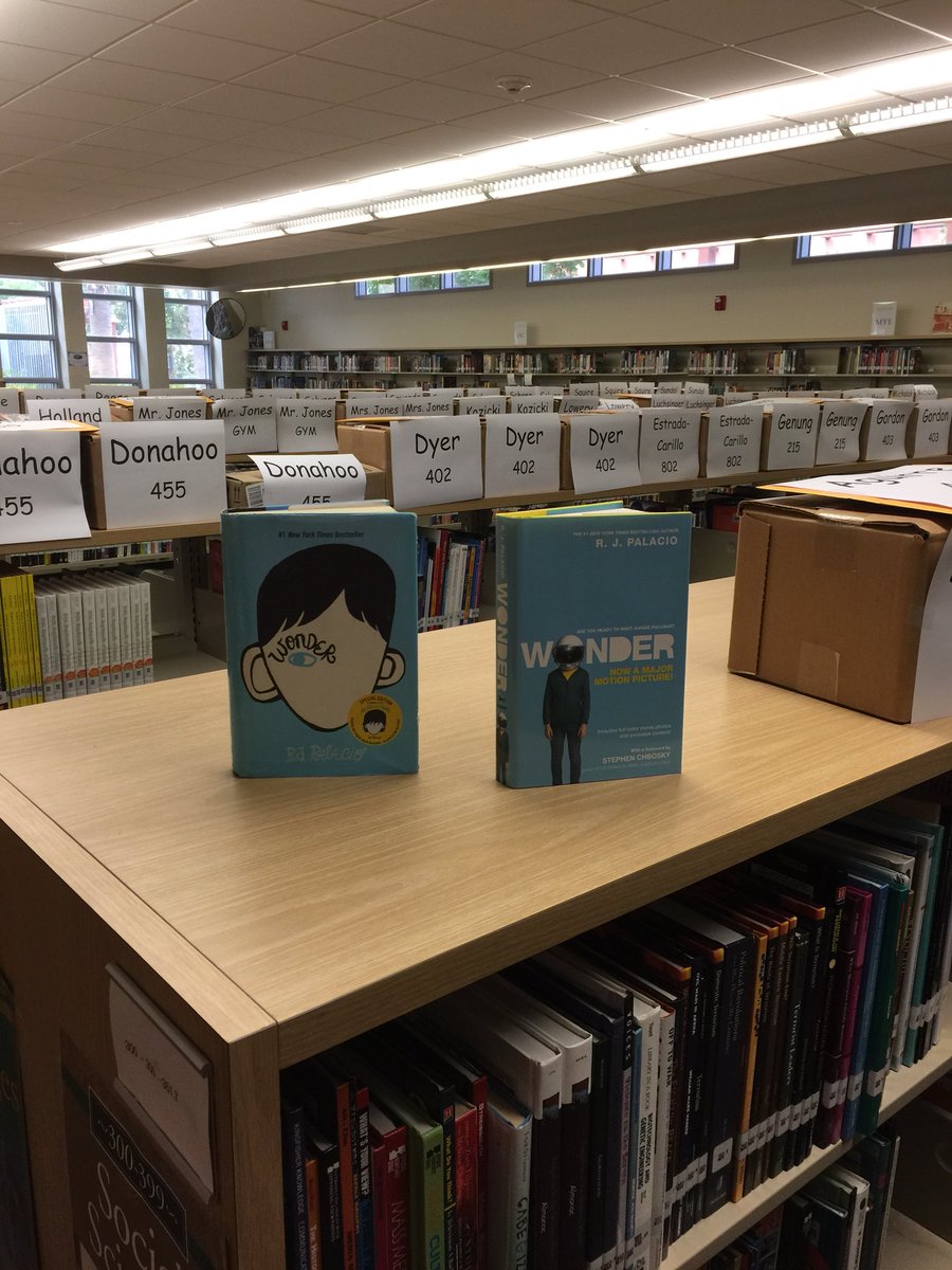 MillerMSlibrary's tweet image. Getting ready to launch our One Book One School program. Boxes of Wonder by #rj palacio. #wonder #WonderTheMovie #macawschoosekind