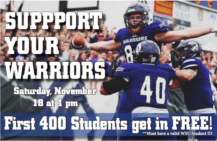 WinonaStateATH's tweet photo. ATTENTION WARRIOR NATION:

First 400 WSU students will get into Saturday’s playoff game for free while presenting a valid student ID ‼️‼️ Show ID in the NE entrance of Maxwell Field 😈
#PurpleReign https://t.co/Qw0gJRRsTs