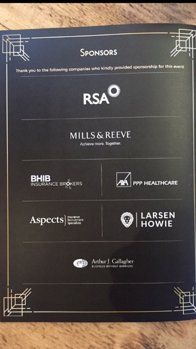 LauraBee7's tweet photo. Big thank you in advance to our sponsors for making our dinner possible: RSA, @MillsandReeve @bhibinsurance @AXAPPPhealth @AspectsIRS @LarsenHowie @AJG_Intl
#iildinner π₯ https://t.co/dCpmiffGUS