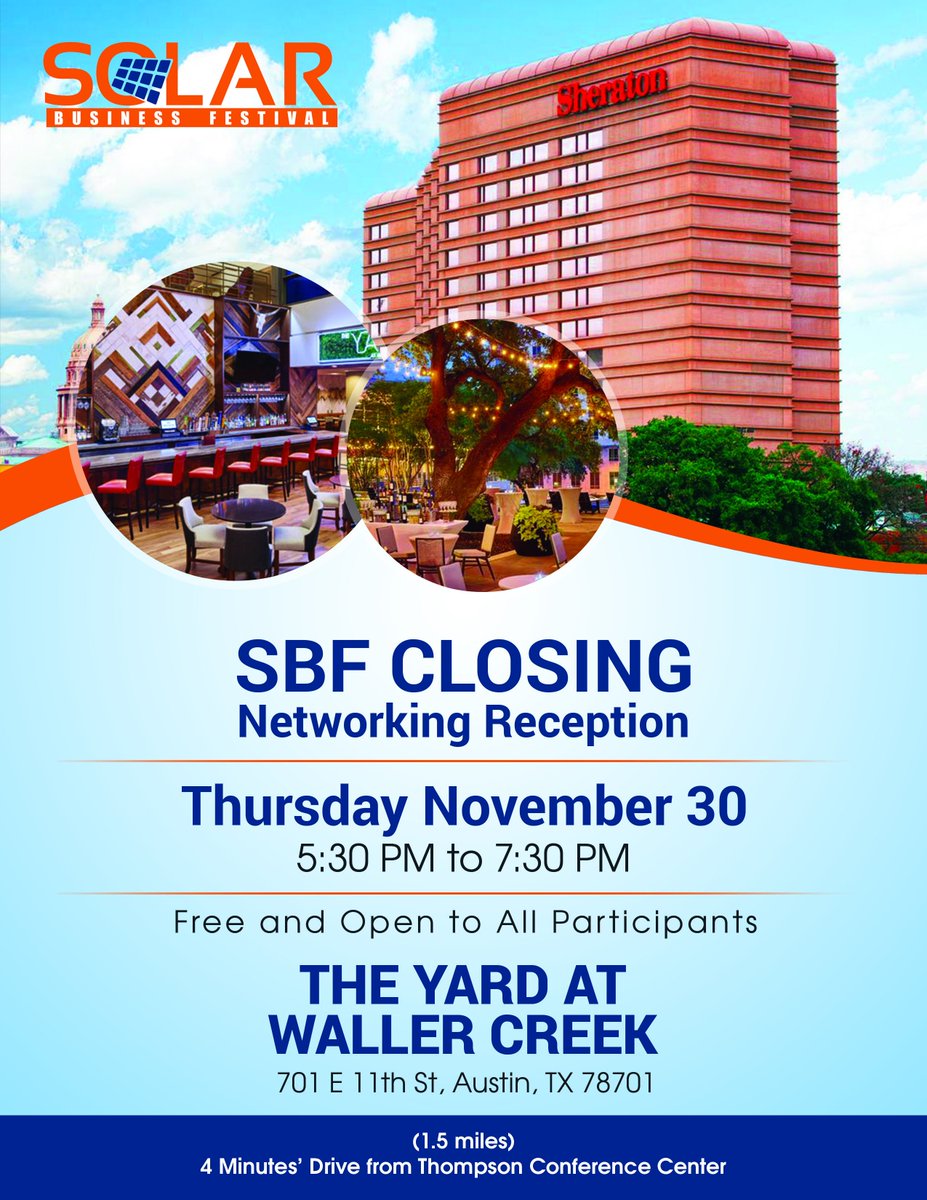 SolarFestChair's tweet image. Proud to announce we will be having a closing reception at the Sheraton in downtown Austin. This event will be free and open to all participates.  This closing reception will be followed by the Solar Pioneer Awards Dinner which you can register for below. 
eventbrite.com/e/texas-solar-…