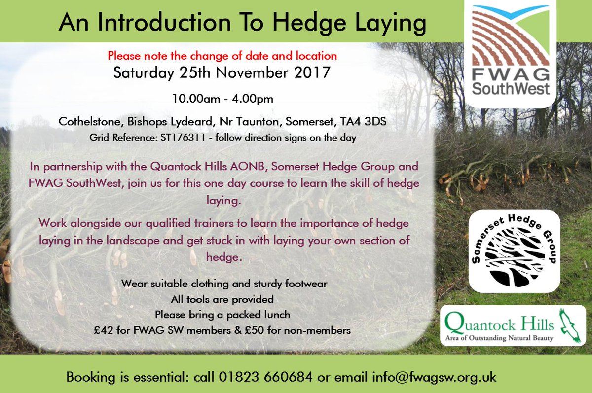 Due to the downpours forecasted last weekend, we postponed our hedge laying course. Find attached a new invite and note the new location for Saturday 25th November at Cothelstone. We hope you can join us! 😃 <a href="/Quantockhills/">Quantock Hills National Landscape</a> <a href="/FrofQuantock/">Friends of the Quantocks</a> <a href="/FWAGSouthWest/">FWAG SouthWest</a> @NESouthWest @NFUsouthwest