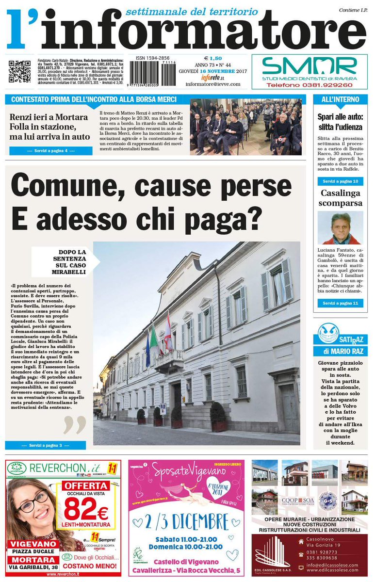 Informatore_it's tweet photo. Ecco la #PrimaPagina dell'Informatore in #edicola oggi, giovedì 16 novembre 2017. Aggiornamenti e #versionedigitale su https://t.co/14wbxwJe0c - abbonamento "all digital" o "family": https://t.co/VVzoewPm52

#Vigevano #Renzi #Comune #Lomellina #cronaca #cultura #sport #economia https://t.co/Xc9ixojyWr