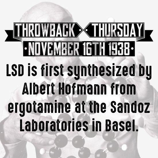 UpdegraffGroup's tweet photo. #ThrowbackThursday #OTD in 1938, #LSD is first synthesized by #AlbertHofmann from #ergotamine at the Sandoz Laboratories in Basel. https://t.co/KMXv6uRTlN