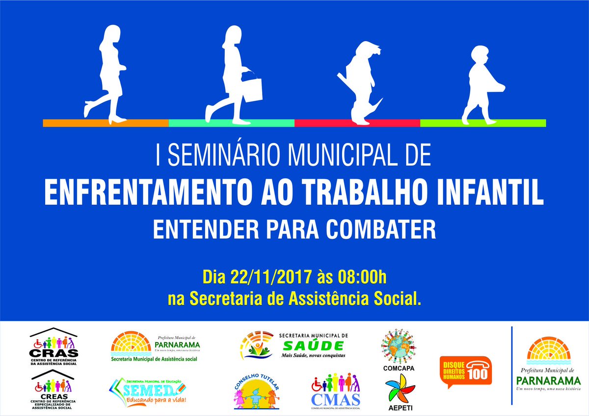 Vem ai o I Seminário Municipal De Enfrentamento ao Trabalho Infantil, como tema “Entender para Combater”. O evento acontecerá no dia 22 de novembro, a partir das 8h, na própria secretaria. Participe!!!
#PrefeituradeParnarama
parnarama.ma.gov.br