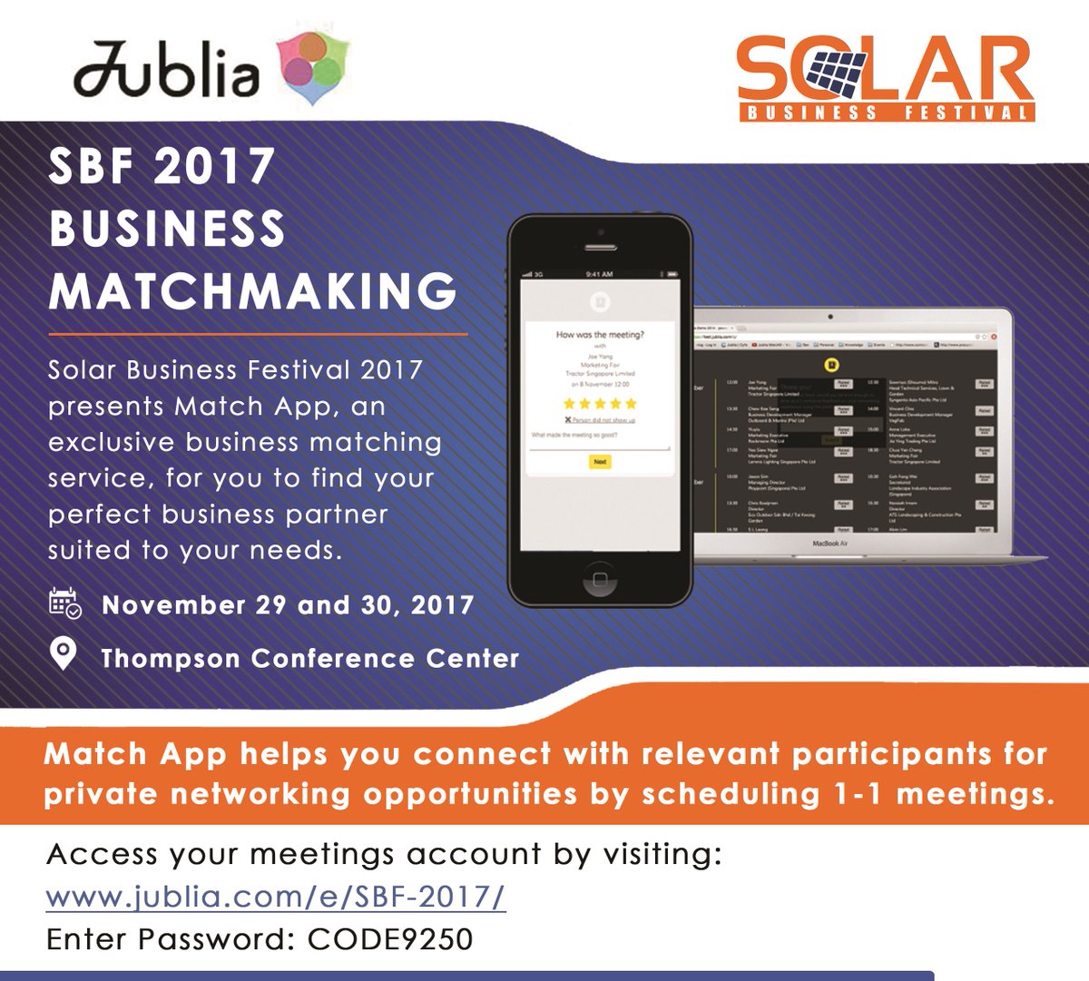 SolarFestChair's tweet image. 12 days until the Solar Business Festival. Make sure you come prepared with the matchmaking app.  

jublia.com/e/sbf-2017/ 
Enter Password: CODE9250  

sbftexas.com