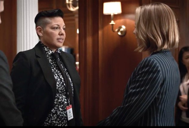 TVLine's tweet image. Exclusive @MadamSecretary Video: @SaraRamirez Makes Her Distinctive D.C. Debut tvline.com/2017/11/16/mad…