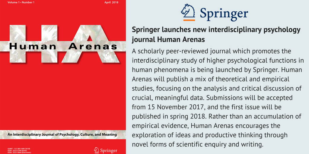 SpringerNature's tweet photo. New Springer journal #HumanArenas will provide a new outlet for research into #psychology, #culture and #meaning starting in March 2018: https://t.co/pw0mWgUggD https://t.co/0WMssrk6aR