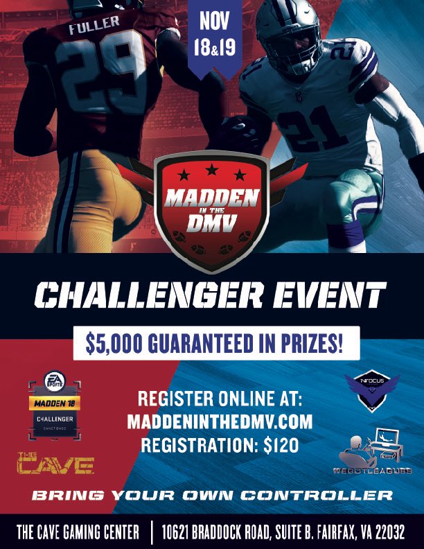 There is still time to register for the Madden In The DMV EA Challenger event. MCS points, $5k Prize Pool, and some of the best Madden Competitors on the East Coast. You get 3 games at minimum and it could lead to the $150k #MaddenChallenge. MaddenInDMV.com