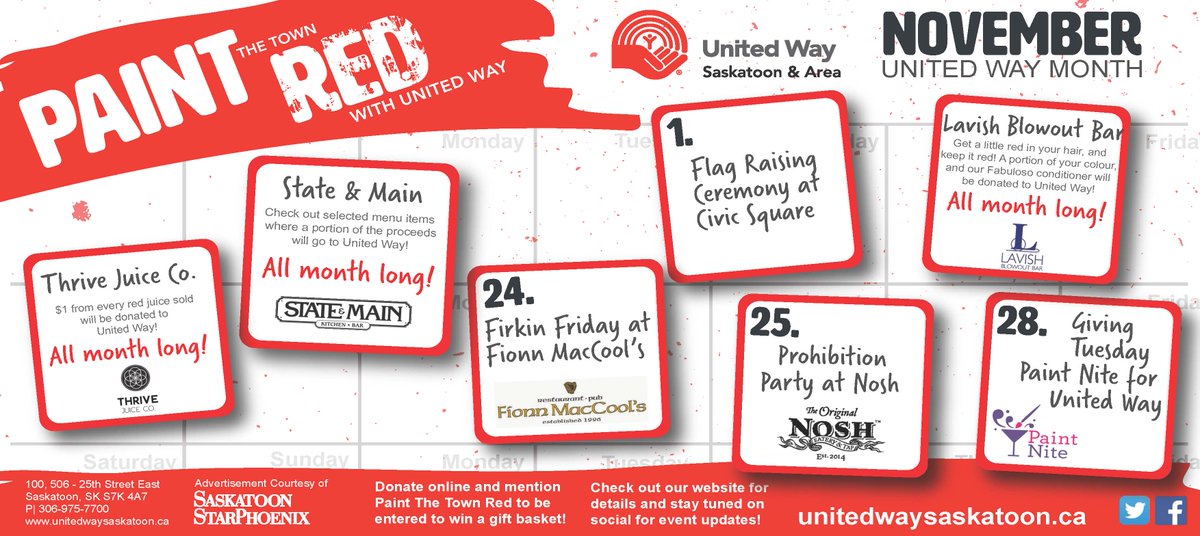 November is United Way month &amp; we are Painting the Town Red! Check our great partners! <a href="/Noshyxe/">Nosh Eatery &Tap</a> <a href="/THRIVEJuiceCo/">THRIVE Juice Co.</a> @lavishblowbar <a href="/stateandmain/">State&Main</a> <a href="/PaintNite/">Paint Nite For ALZHEIMER'S</a> #FionnMacCools ow.ly/Ze9L30gtqf6