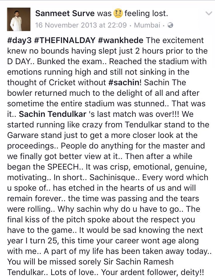 sanmeetsurve's tweet photo. 4 years to this!! Couldn't express my emotions in any better way that day! @sachin_rt we still miss u!! #SachinTendulkar #200test #wankhede https://t.co/NqncUvgQN4