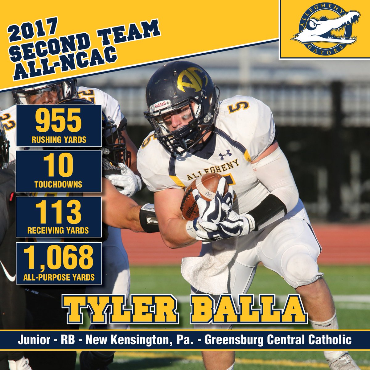ACGatorSports's tweet photo. A look at some of the stats from @AlleghenyFB's four All-NCAC selections   #bringyourAgame #GatorPride https://t.co/qB9iofeXvF