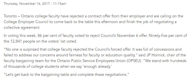 .@OPSEU Statement on college faculty vote. 86% voted to reject offer #ottnews #collegestrike https://t.co/nbEyf21rfW
