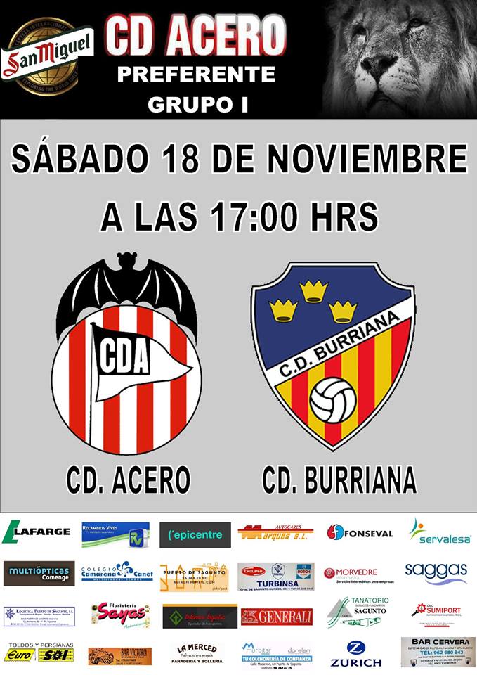 ¡BUENAS TARDES , EL #SABADO #JugamosTodos UN PARTIDAZO¡
🥁📢 AHORA MAS QUE NUNCA OS NECESITAMOS AFICION 🚩🏳️
#PrefG1 #J12 ESTADIO "EL FORNAS"
<a href="/CDAcero/">Cleo Dacero</a> (Cuarto) 🇪🇸 <a href="/CD_Burriana/">CD Burriana</a> (Doce)
UN VERDADERO ACERISTA SE LEVANTA RAPIDO DESPUES DE UNA CAIDA
🦁🔴⚪️ @golsmedia #VamosAcero