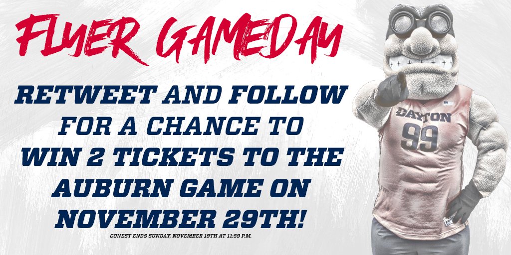 DaytonRudyFlyer's tweet photo. FREE TICKETS ALERT:
Want to come hang out with me and 13,000+ of your best friends on 11/29 as the @DaytonMBB takes on Auburn?
RETWEET THIS TWEET AND FOLLOW ME TO ENTER!
Winner will be announced Monday at 9 AM! 
#GoFlyers #FlyerNation https://t.co/zYuRhfxgT6