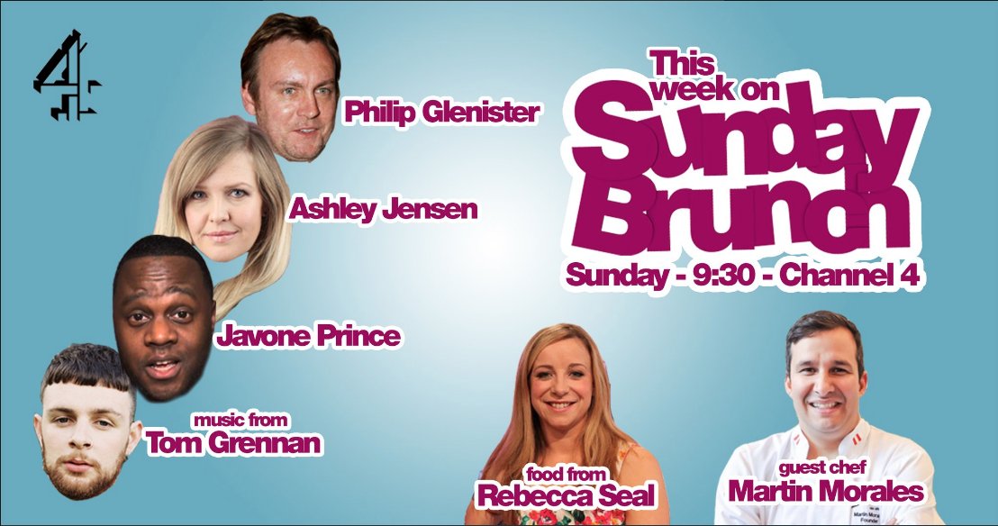 Today is the day! <a href="/SundayBrunchC4/">Sunday Brunch</a>
have Philip Glenister, Ashley Jensen, <a href="/PENFOLD1P/">Javone Prince</a>, and  <a href="/Tom_Grennan/">Tom Grennan</a> joining <a href="/RebeccaSeal/">Rebecca Seal</a> &amp; <a href="/martinceviche/">Martin Allen Morales</a> as they cook up a storm... with <a href="/timlovejoy/">Tim Lovejoy</a> and <a href="/simonrim/">simonrimmer</a> of course!