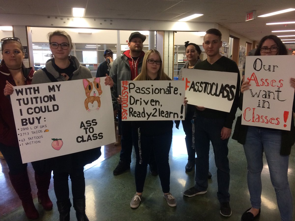 TylerCalver's tweet photo. Students at Conestoga College are taking part in a peaceful protest #asstoclass demanding and end to the College faculty strike. https://t.co/sF4vdeWxY0