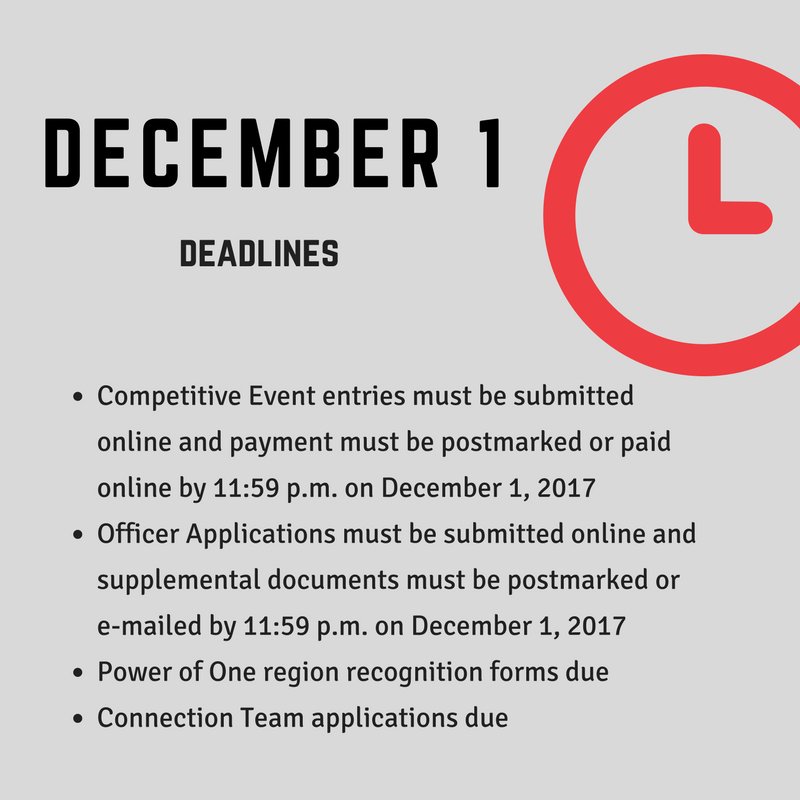 TexasFCCLA's tweet photo. December 1 deadlines are quickly approaching! https://t.co/VEYYw45LRm