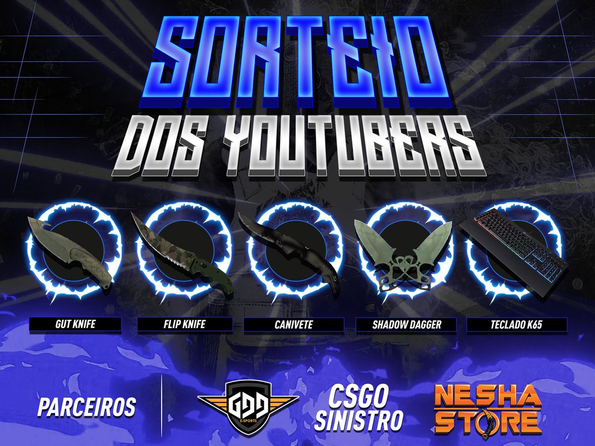 Sorteio MONSTRO em parceria com os Youtubers!
São 4 facas e 1 teclado Gamer! 5 VENCEDORES!
Participe---> bit.ly/SorteioYoutube…