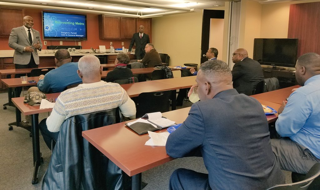 cincinnatimetro's tweet photo. SORTA chair @Jedwarddunn &amp; CEO @DwightAFerrell talking with African American faith leaders this afternoon at the @CincyAAChamber about improving Metro's service to better meet the community's needs. #ReinventingMetro https://t.co/WW0PErqWKw