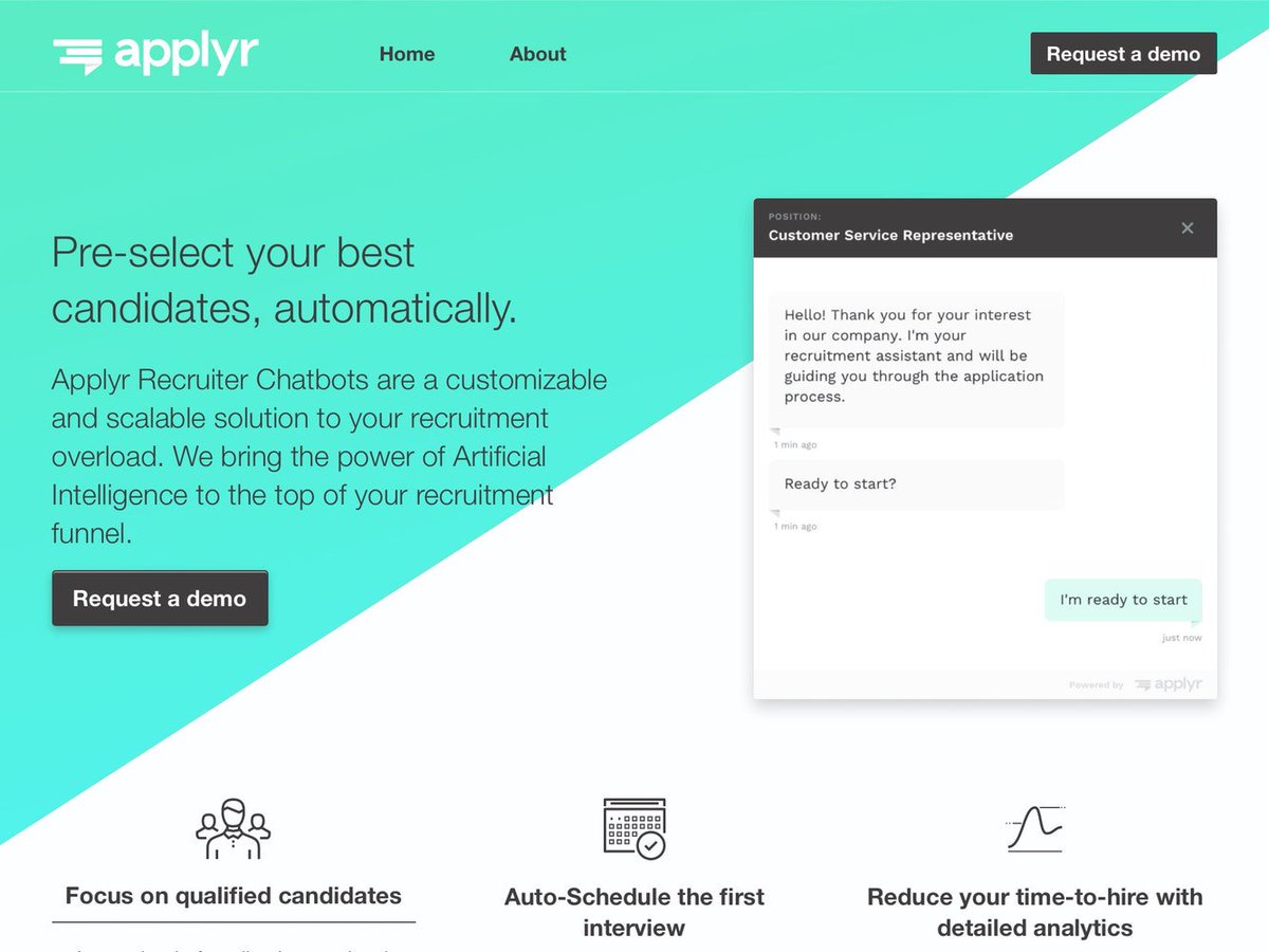 ApplyrAI's tweet image. Applyr: Recruiter chatbots and machine learning  btl.st/2zMCldL via @BetaList