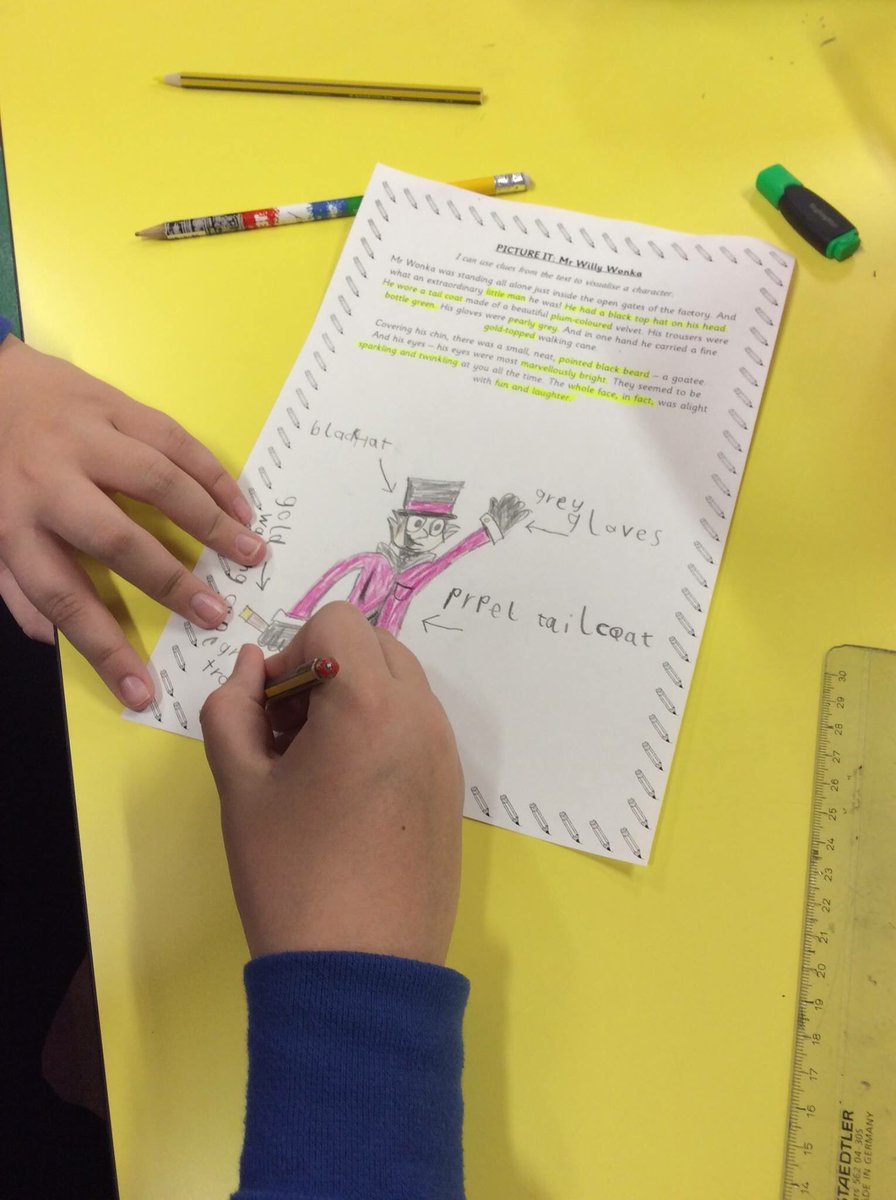Clerkhillschool's tweet photo. 📚👀P5/6M CHARACTER VISUALISATION. As part of their novel study on Charlie &amp; the Chocolate Factory, P5/6M had to use clues from the passage to visualise a Mr Willy Wonka.
The pupils worked well partner reading, highlighting key vocabulary and then used this to create Mr Wonka. https://t.co/6PnoBjH6fy